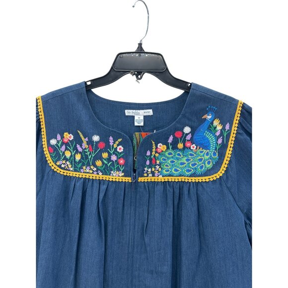 Go Softly Women's Chambray Patio Dress 1X Embroidered Peacock & Floral Mumu NWT - Picture 5 of 10